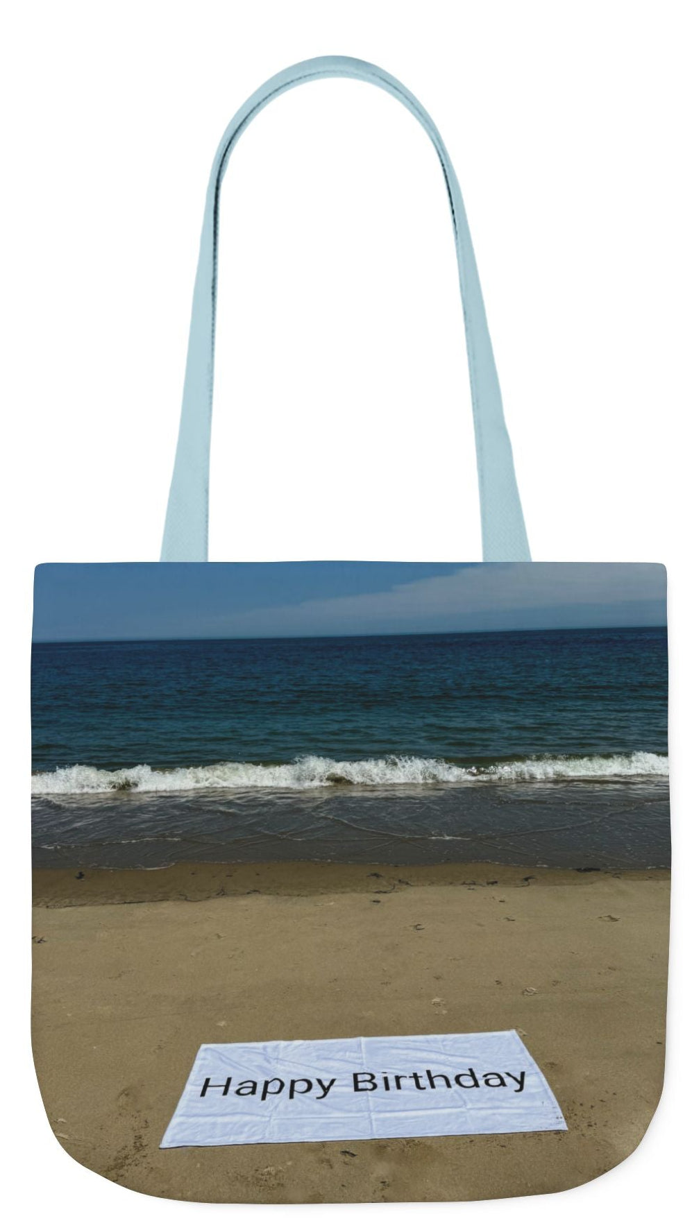 Birthday Tote Bag 18" x 18" different print on each side. 3 handle color options. "Beach & Beach Sand Birthday"