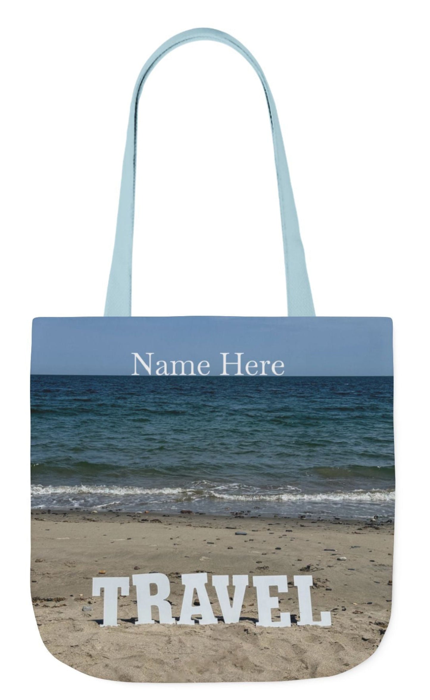 personalized travel tote bag blue handles mating beach scene on each side