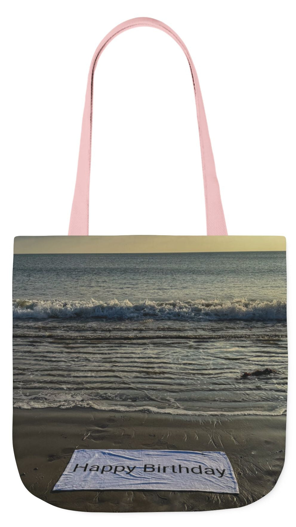 Birthday Tote Bag 18” x 18” different print on each side. 3 Handle Color Options. “Beach & Beachfront Birthday Bag”