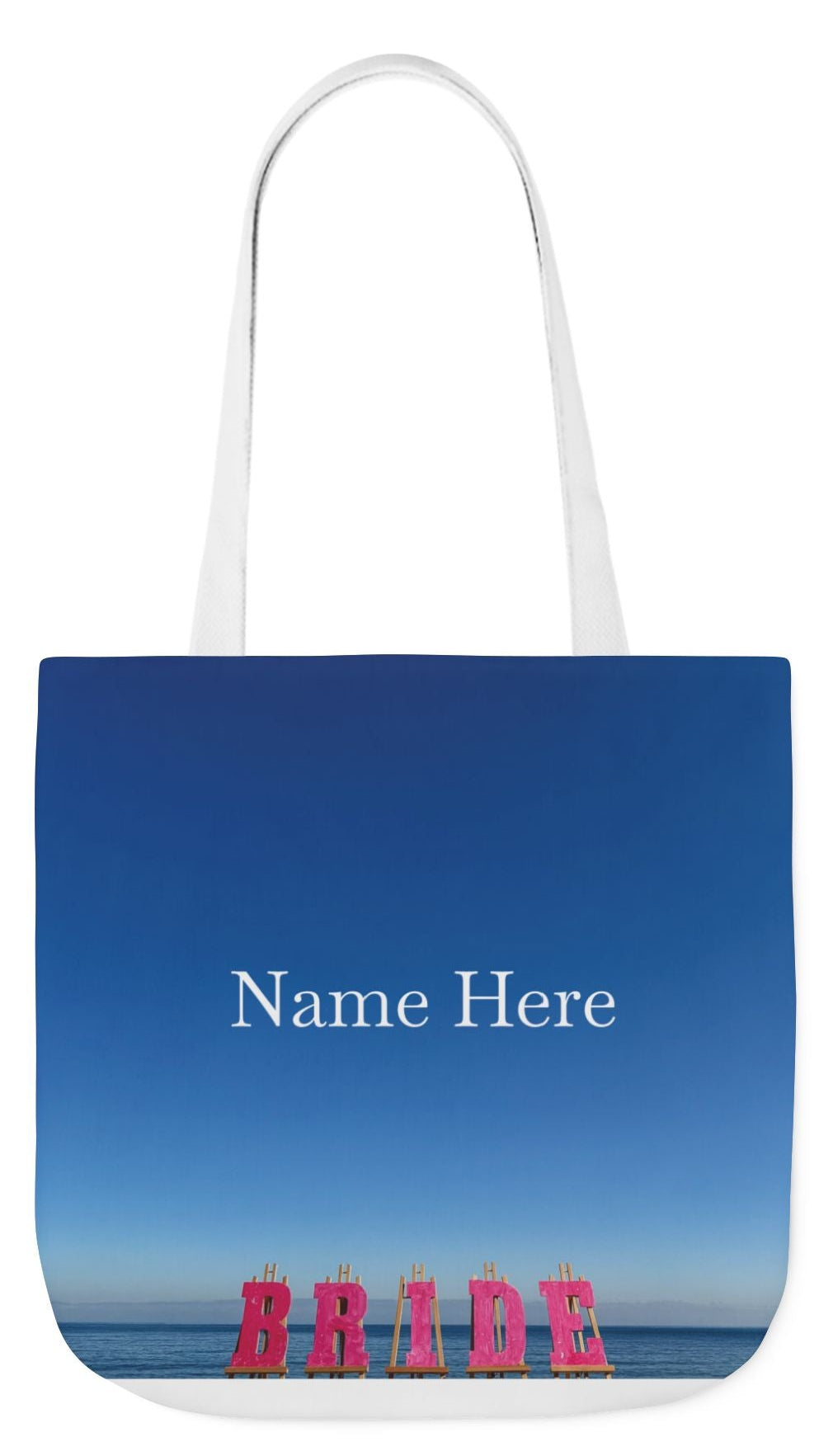 Bride Tote Bag 18” x 18” different print on each side. Pink or White Handle Choice. “Seaside & Beach Bride Bag Personalized”