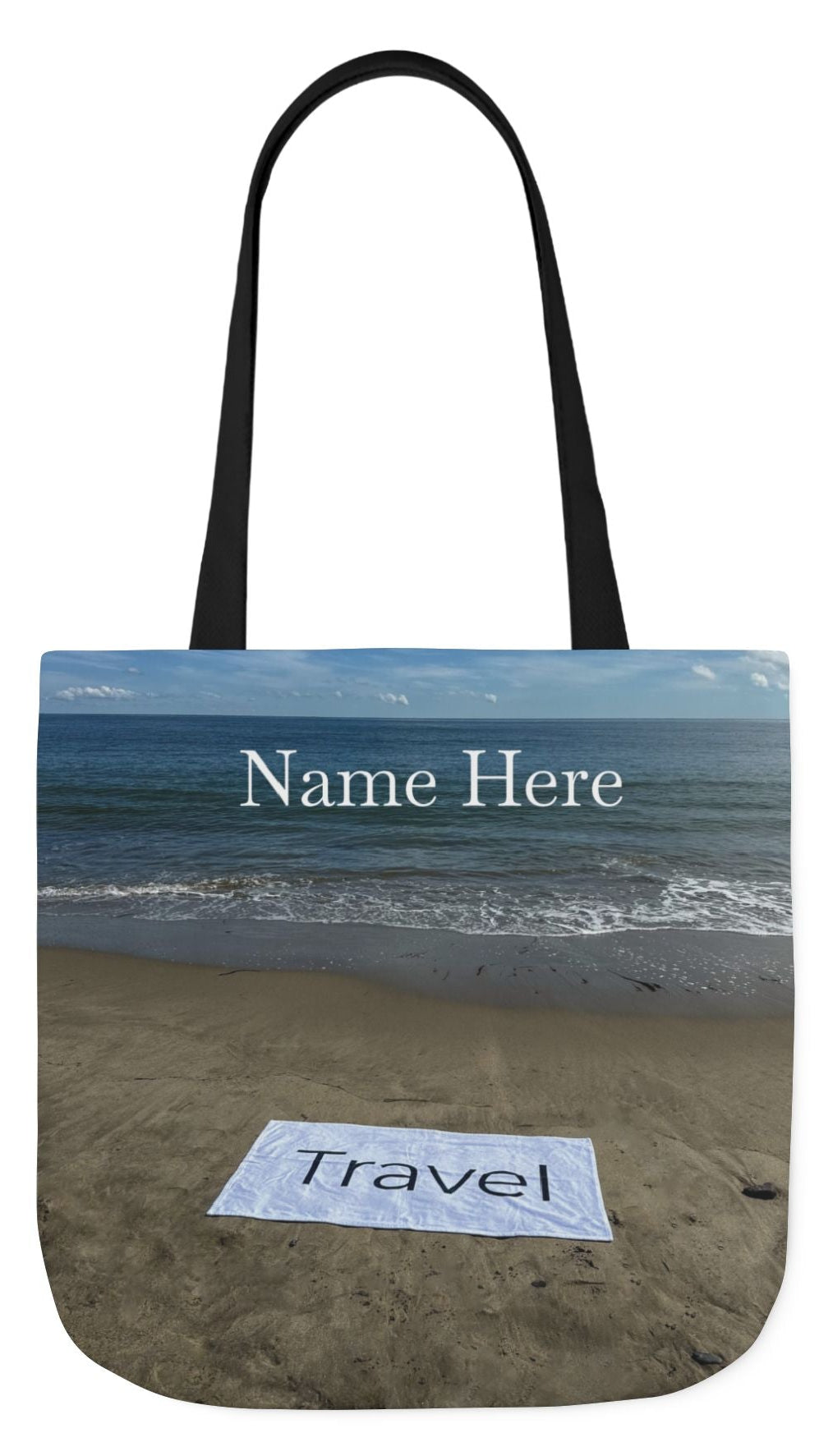 Travel Tote Bag 18” x 18” same print on each side. 4 Handle Color Options. “Beachfront Travel Bag Personalized”