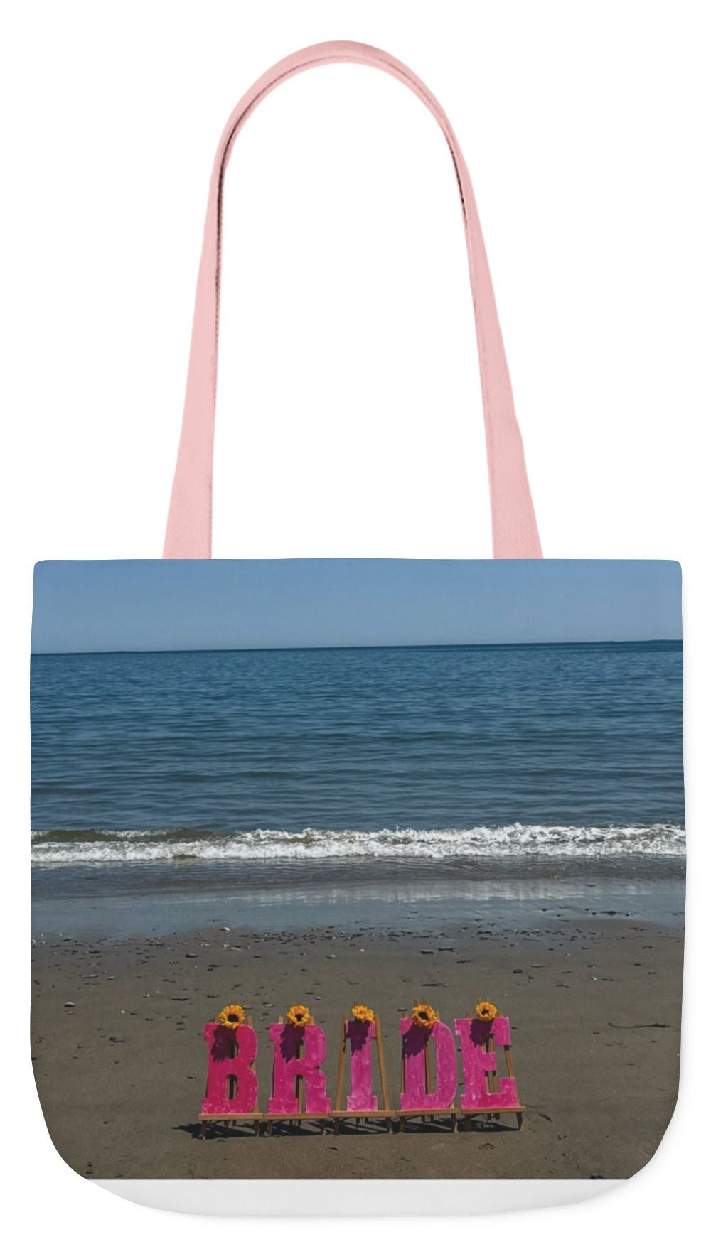 Bride Tote Bag 18" x 18" same print on each side. Pink or White Handles option. "Beachfront Bride Bag Personalized"