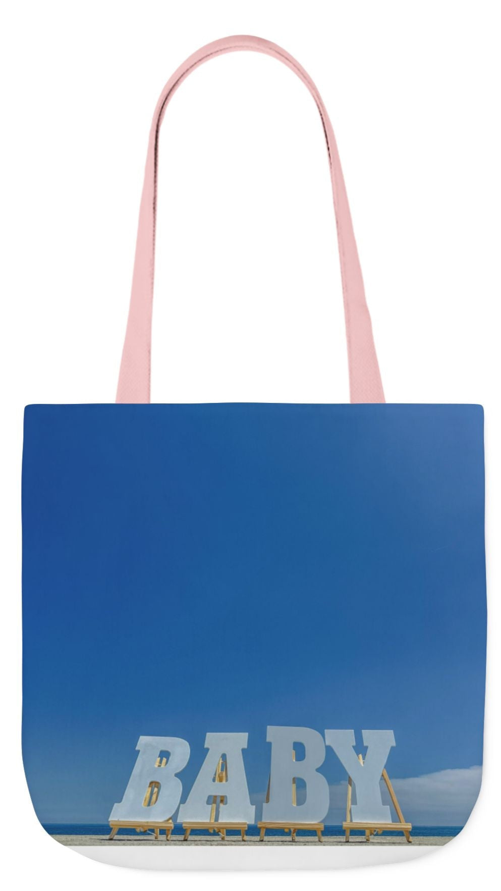 Baby Tote Bag 18”x 18” same all over print on each side with white, blue or pink handle options. “Baby Bag Bright Sky”.