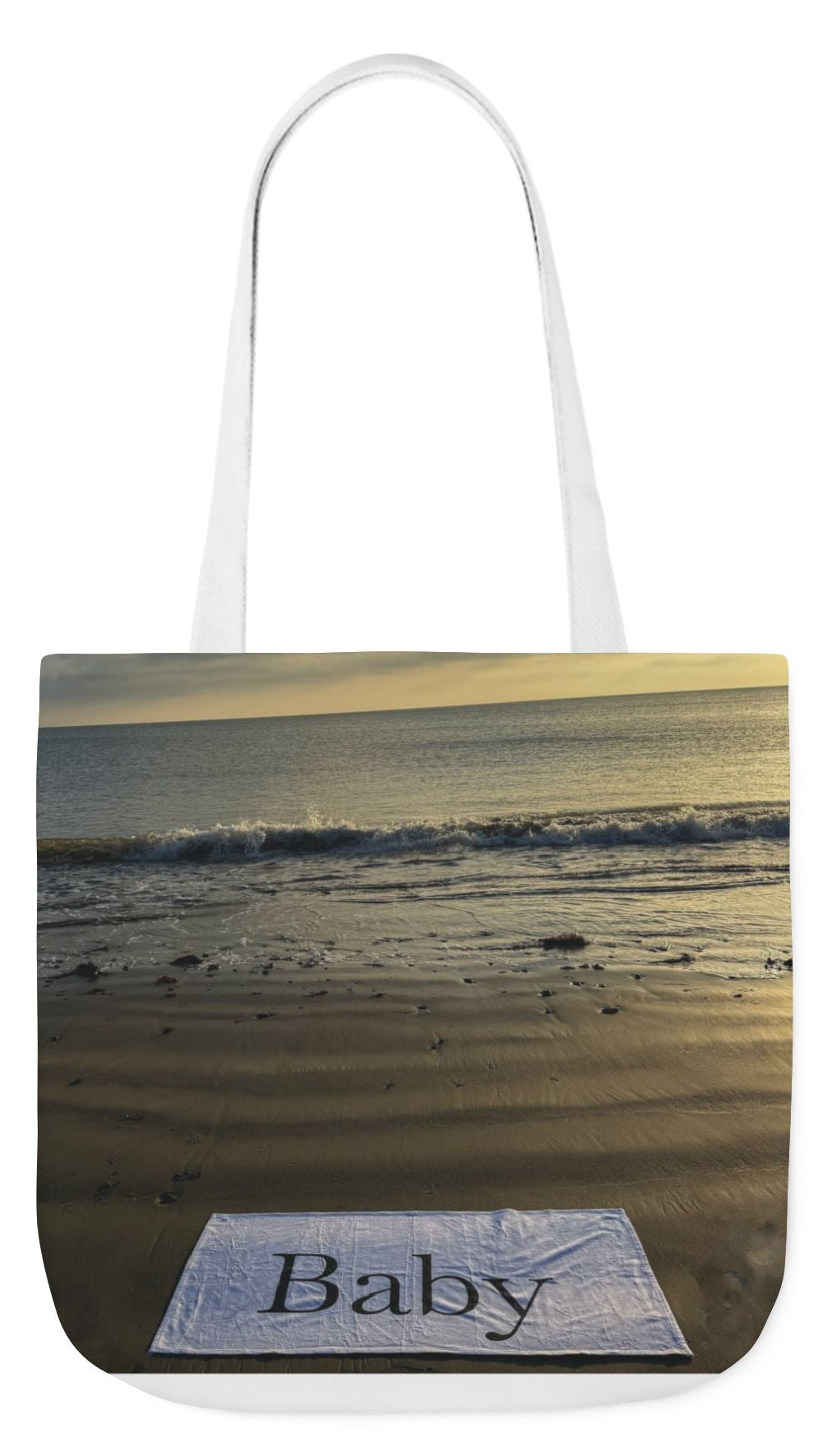 Baby Tote Bag 18" x 18" different print on each side. Handles color choice of White, Blue or Pink. "Daybreak & Sunny Seaside Baby Tote Bag"