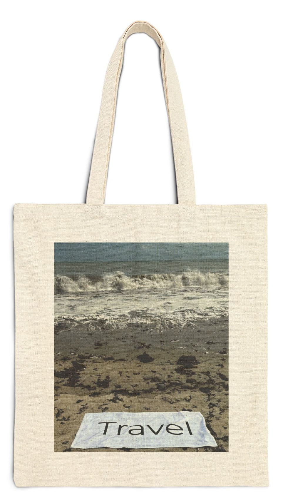 Travel Tote Bag Natural Color 15” x 16” Cotton Canvas Print on One Side. “Wild Waves Travel Bag”