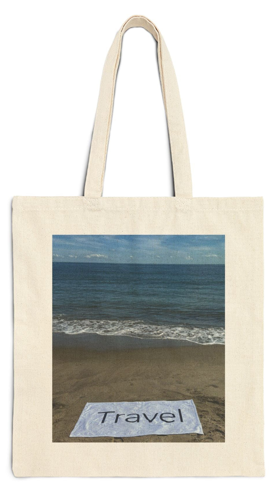 Travel Tote Bag 15” x 16” Natural Color Cotton Canvas Print on One Side. “Beachfront Travel Bag”