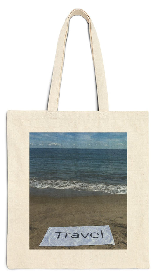 Travel Tote Bag 15” x 16” Natural Color Cotton Canvas Print on One Side. “Beachfront Travel Bag”