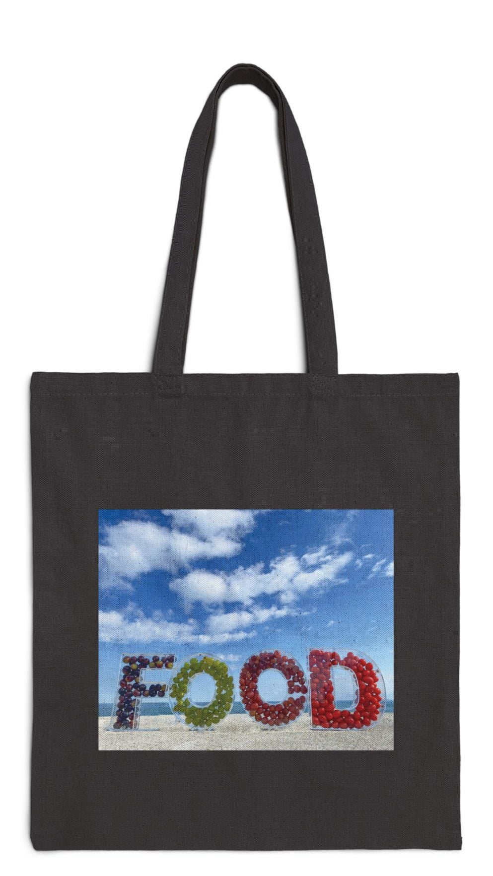 Food Tote Bag Black 15” x 16” Cotton Canvas Different Print on Each Side. "Beachy Food & Seashore Food Bag"