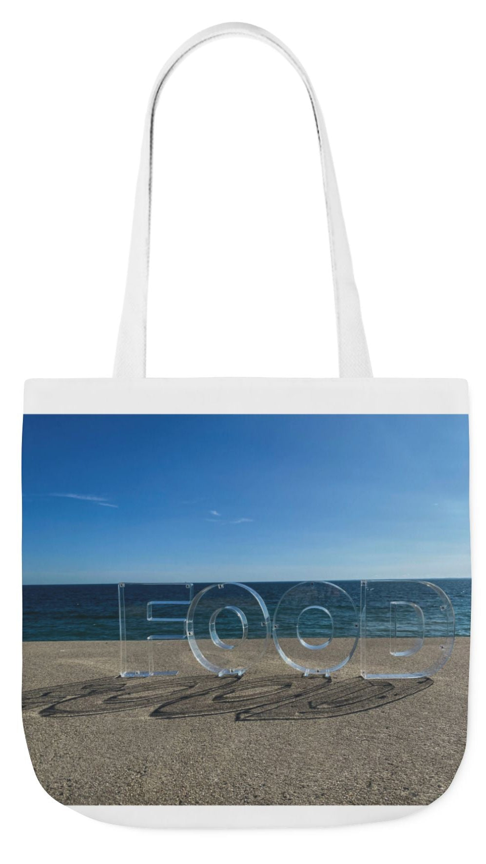 Food Tote Bag 18" x 18" Different Print on each side. 4 Handle Color Choices. "Seaside Food Reflections Bag"