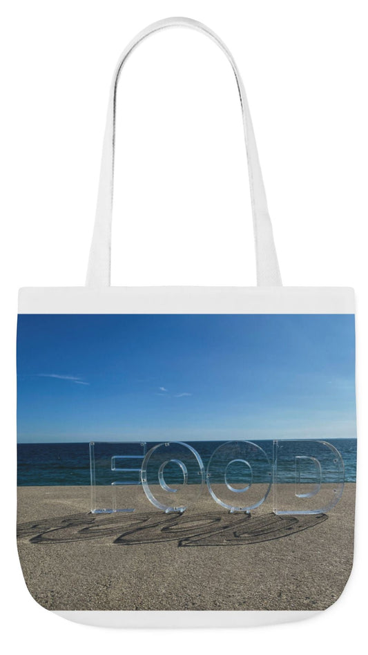 Food Tote Bag 18" x 18" Different Print on each side. 4 Handle Color Choices. "Seaside Food Reflections Bag"