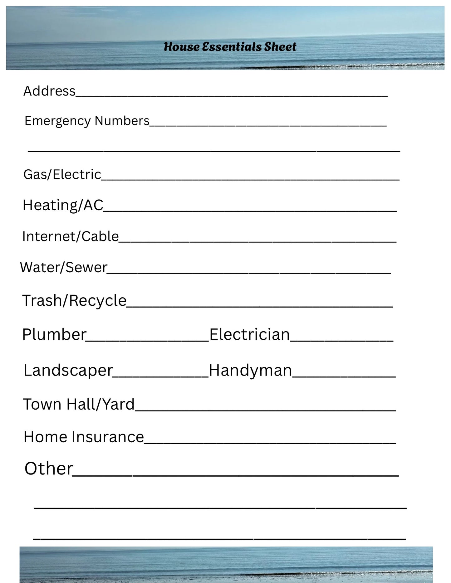 House Essentials Sheet|Beach Edition|Printable PDF