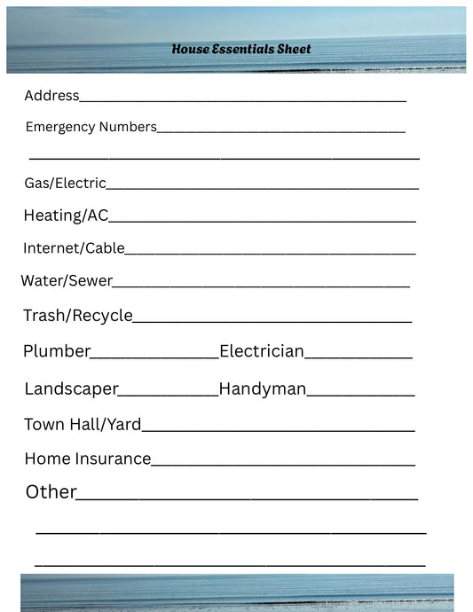 House Essentials Sheet|Beach Edition|Printable PDF