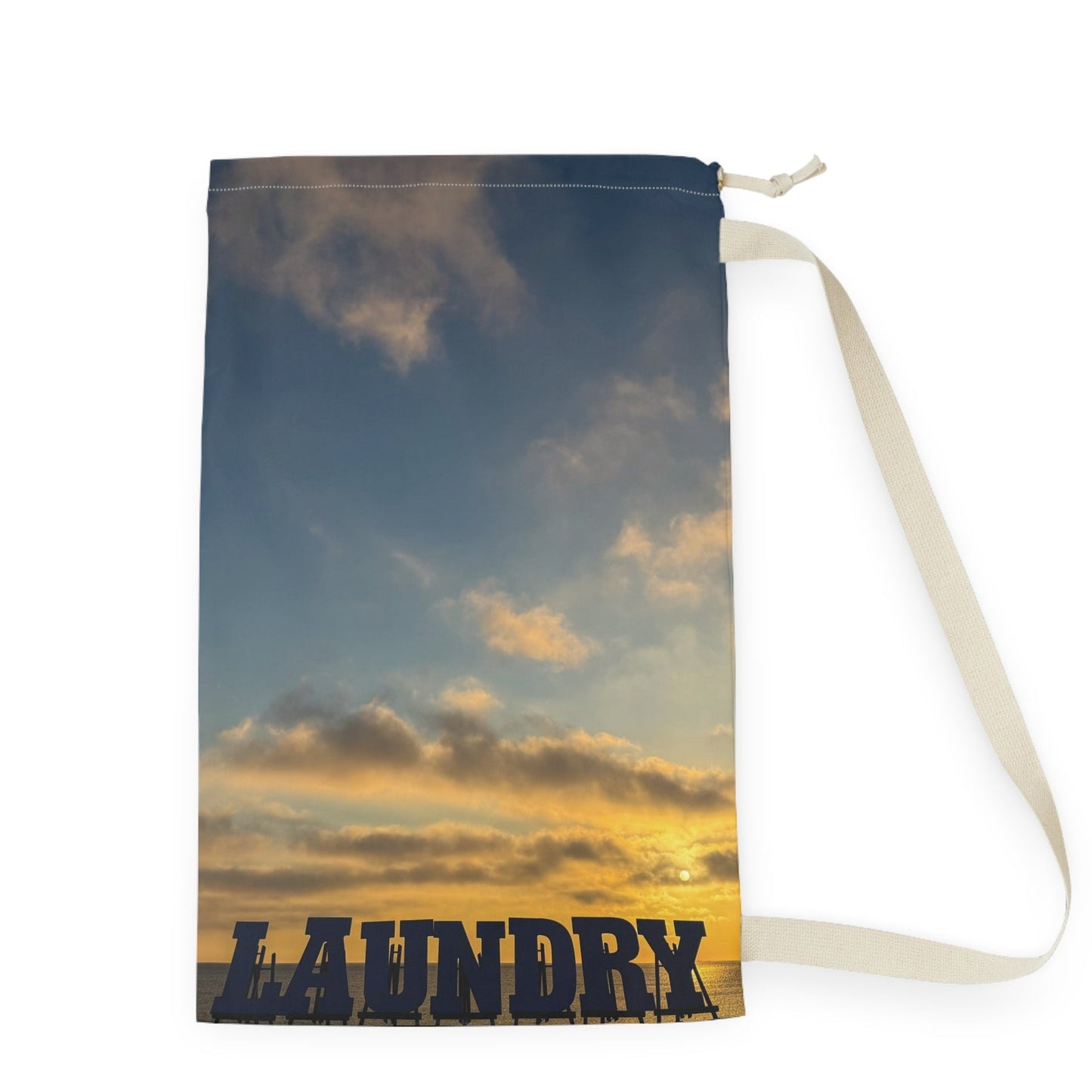 Laundry Bag with a Shoulder Strap and Drawstring 18" x 29” Same Print on Each Side. “Seaside Sunrise Laundry”