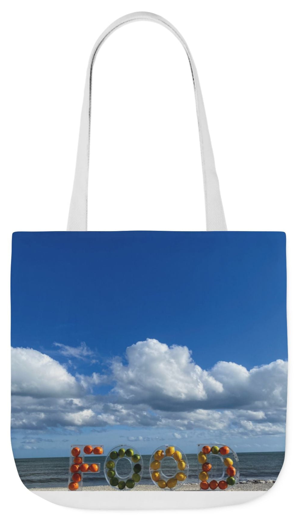 Food Tote Bag 18" x 18" with the Same Print on Both Sides and 4 handle color options (Black, Blue, Pink, White). "Beachy Food Bag"