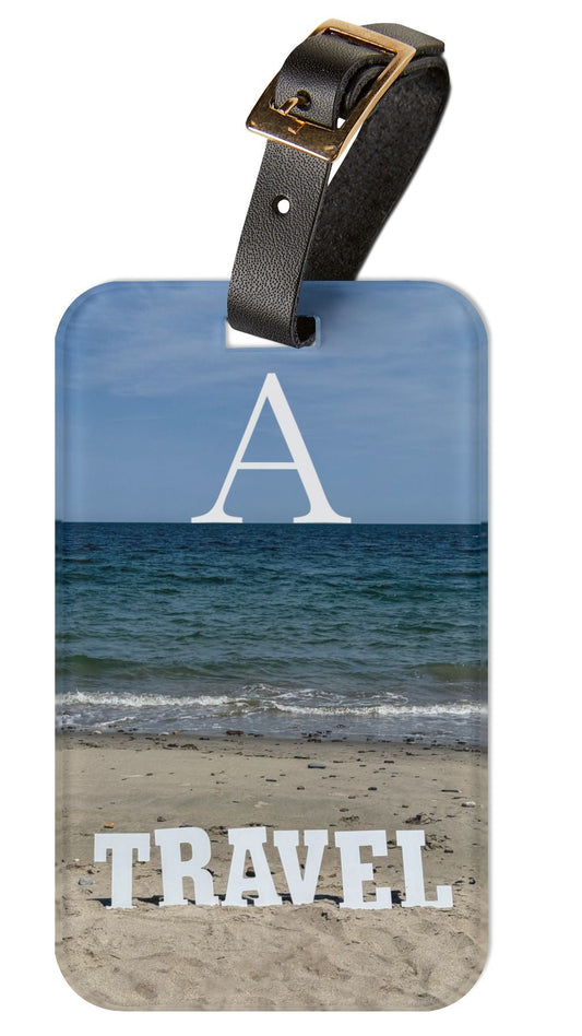 Acrylic Luggage Tag With Strap and info Card on the Back. (Personalized) "Beach Travel Tag"