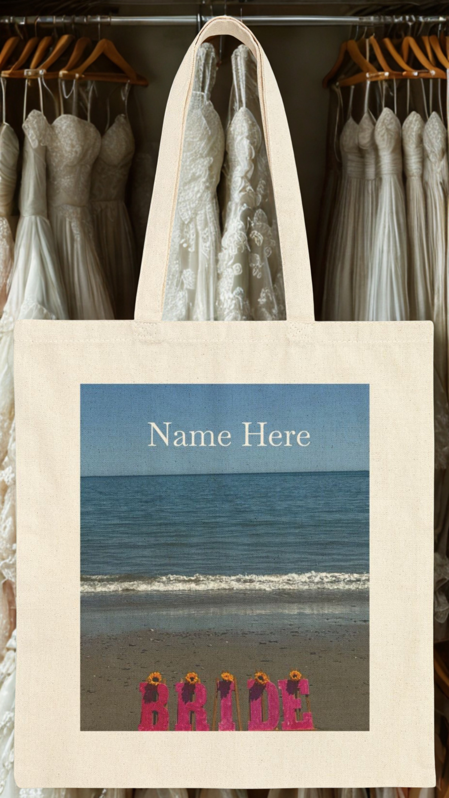 Custom name bride toe bag with beachfront design, personalized gift for the bride, cotton canvas natural color