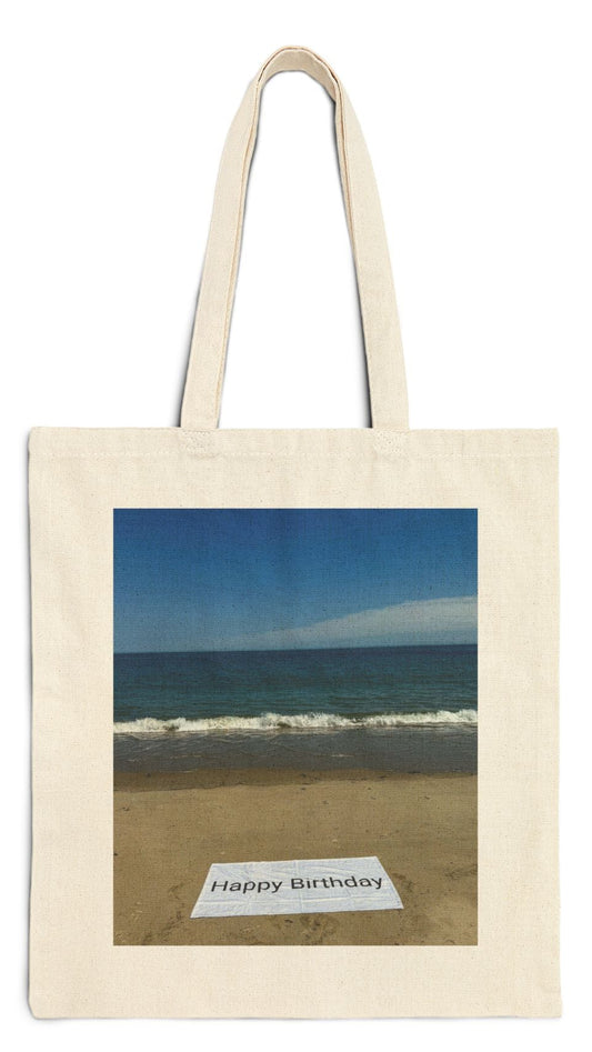 Birthday Tote Bag Natural Color 15" x 16" Cotton Canvas Print on One Side. "Beach Sand Birthday"
