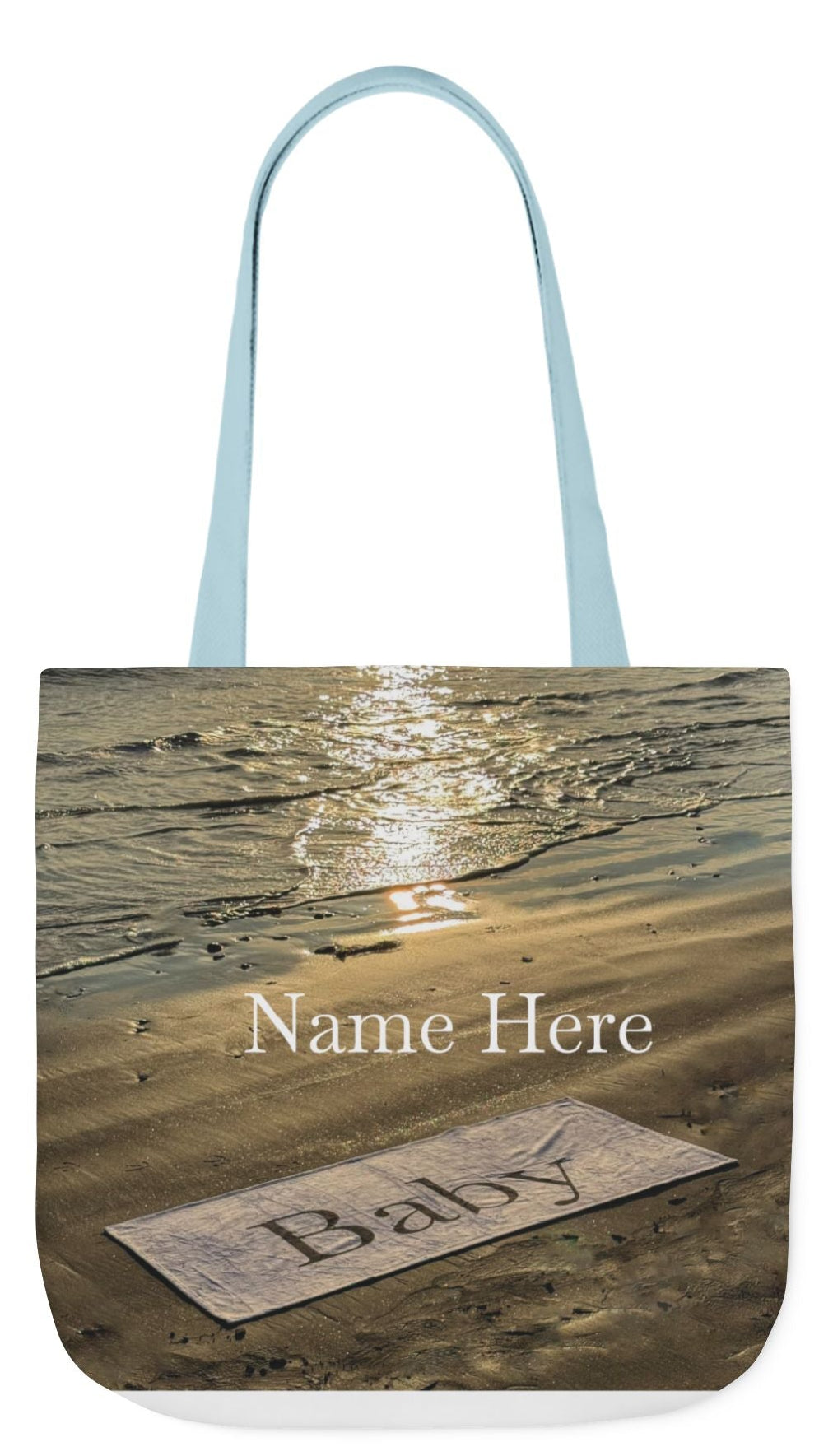 Baby Tote Bag 18" x 18" same print on each side. White, Blue or Pink Handles Choice. "Sunny Seaside Baby Tote Bag Personalized"