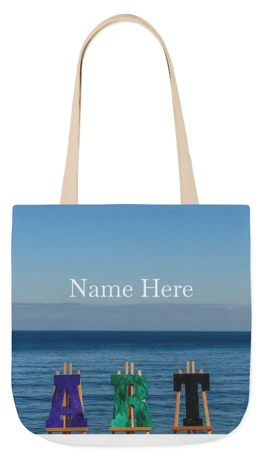 Art Tote Bag 18" x 18" same print on each side, 5-Color Handle options. "Seashore Art Personalized”