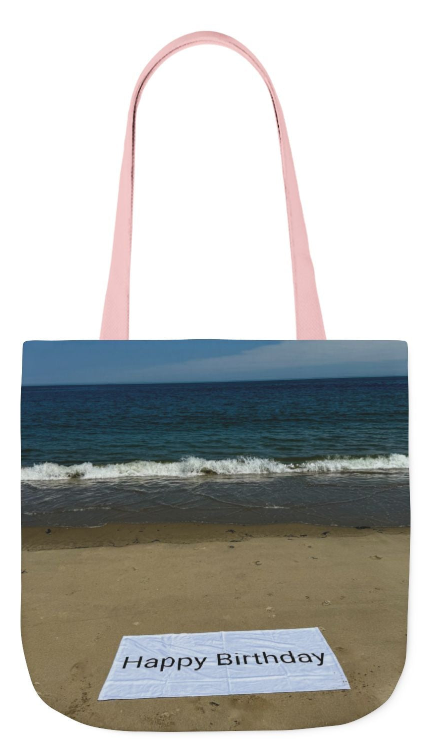 Birthday Tote Bag 13" x 13" different print on each side. 3 Handle Color Options. "Beach & Beach Sand Birthday"