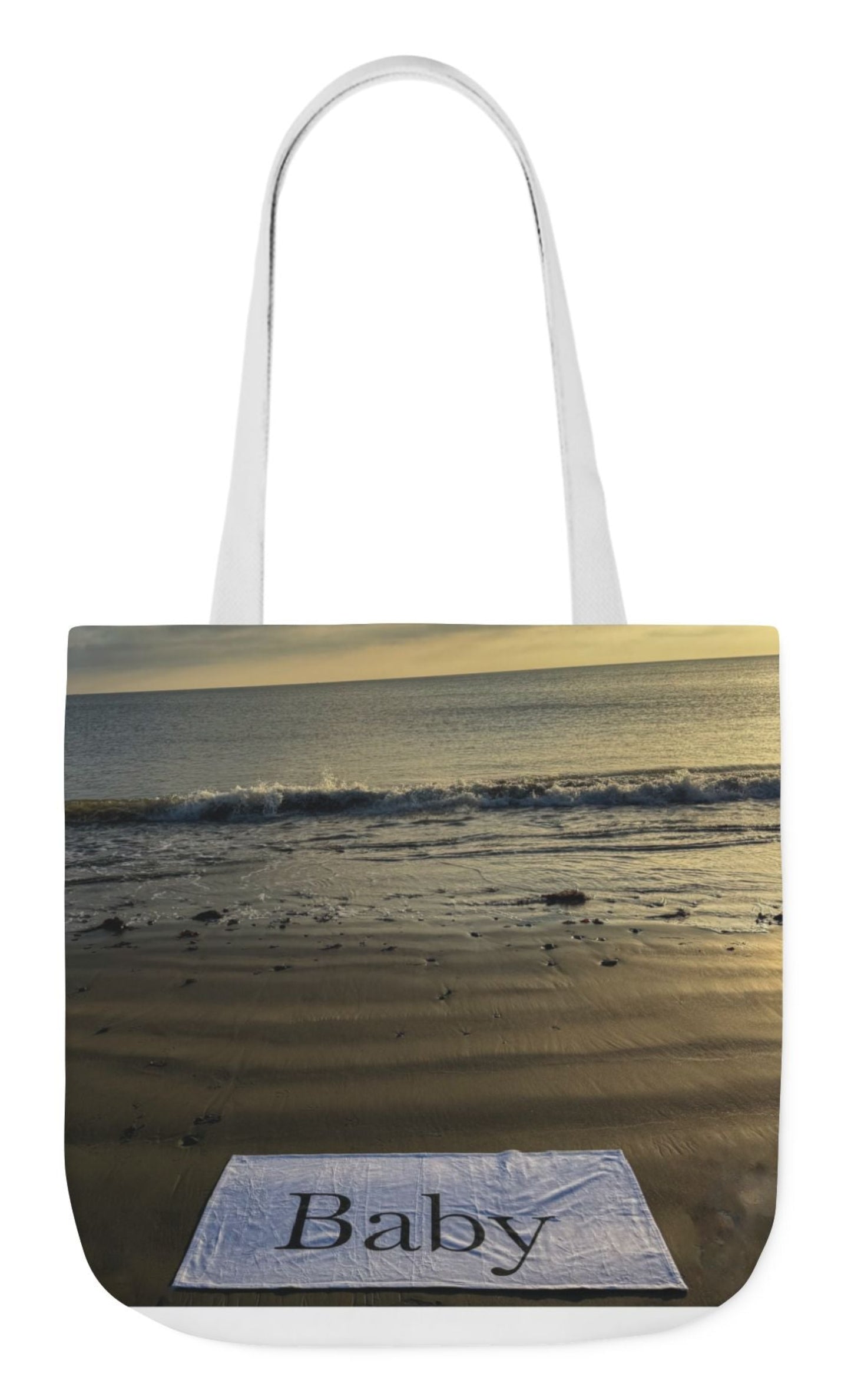 back of personalized beach theme baby tote bag 18" x 18"