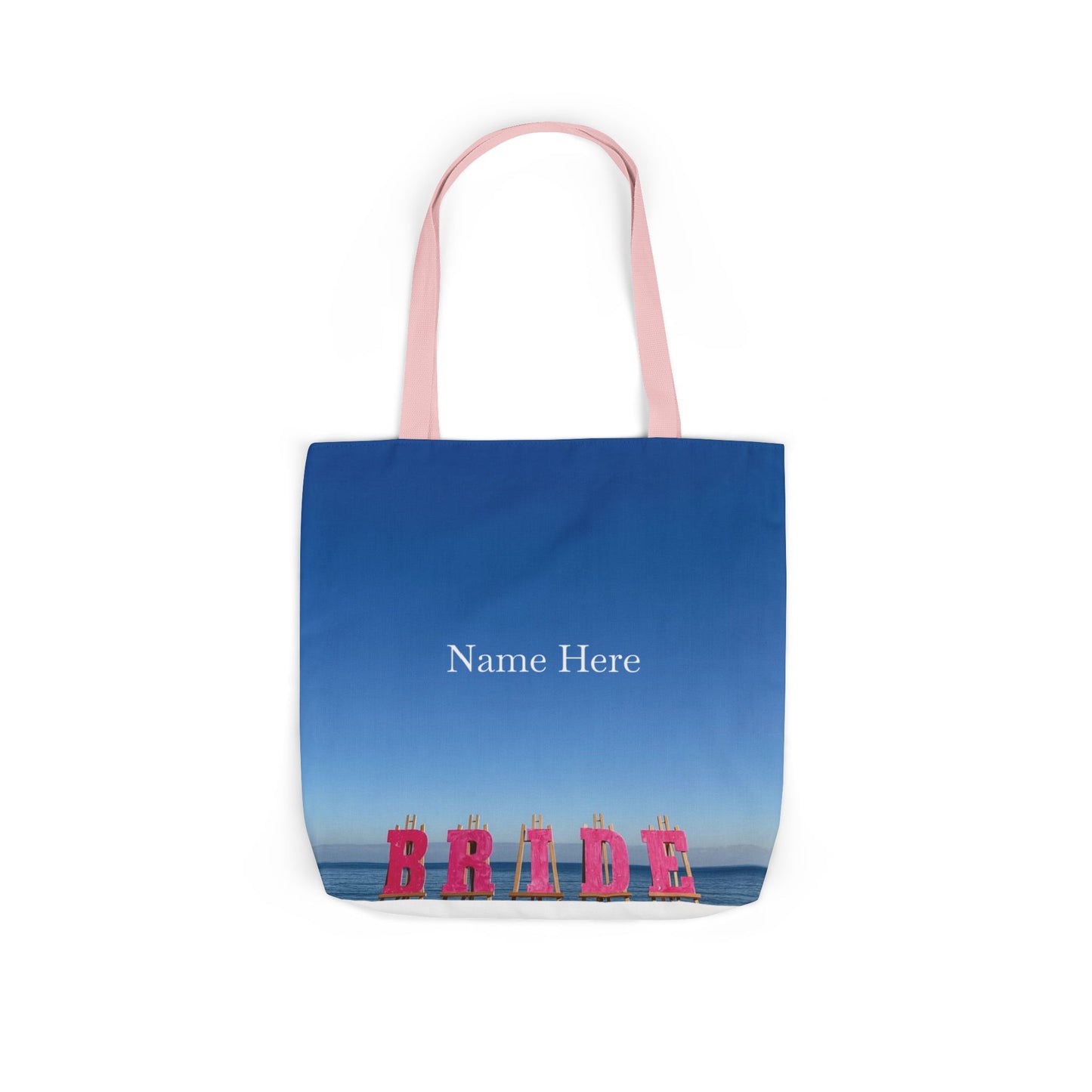 Bride Tote Bag 18" x 18" same print on each side. Pink or white handle choice. "Seaside Bride Bag Personalized"