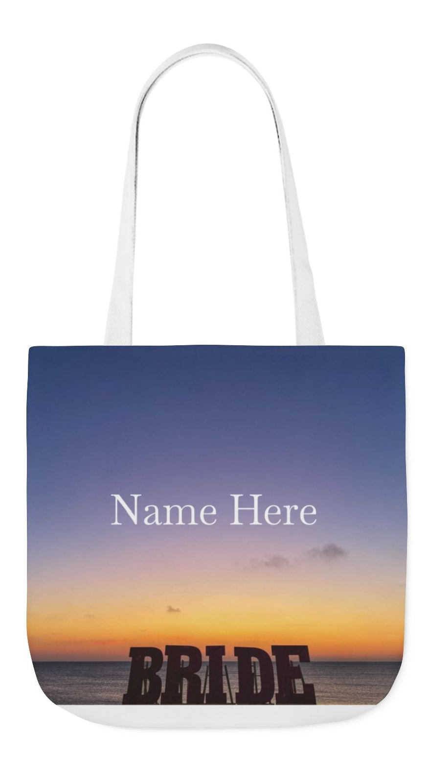 Bride Tote Bag 13” x 13” same print on each side. Handle color choice of Pink or White. “Daybreak Bride Bag Personalized”