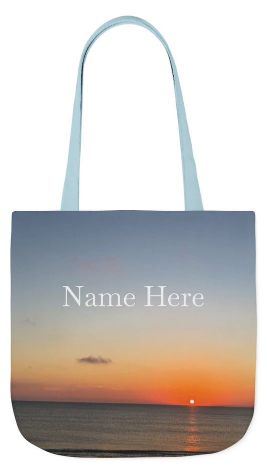 Personalized Everyday Tote Bag 13” x 13” different print on each side. 5 Handle Color Options. option. “Seaside Sunrising”