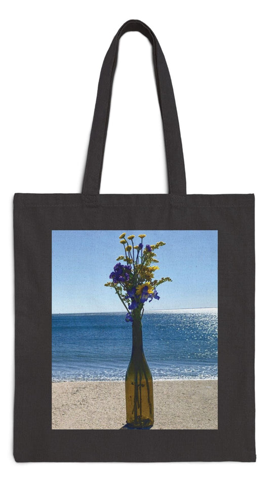 Floral Tote Bag Black 15” x 16” Cotton Canvas Print on One Side. "Shoreline Flowers in a Bottle"