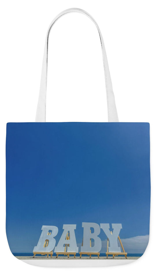Baby Tote Bag 18”x 18” same all over print on each side with white, blue or pink handle options. “Baby Bag Bright Sky”.