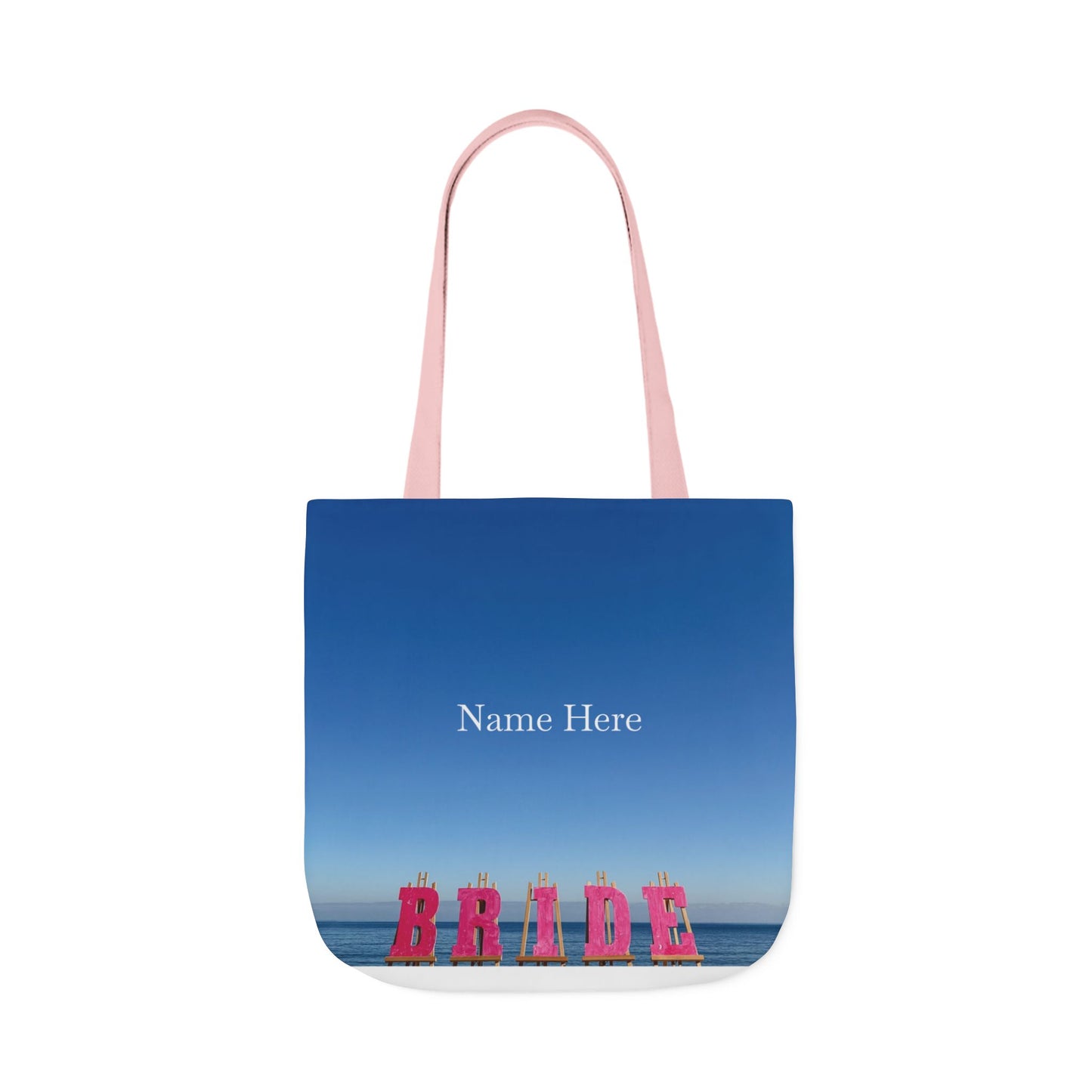 Bride Tote Bag 18" x 18" same print on each side. Pink or white handle choice. "Seaside Bride Bag Personalized"