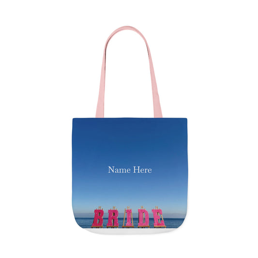 Bride Tote Bag 18" x 18" same print on each side. Pink or white handle choice. "Seaside Bride Bag Personalized"
