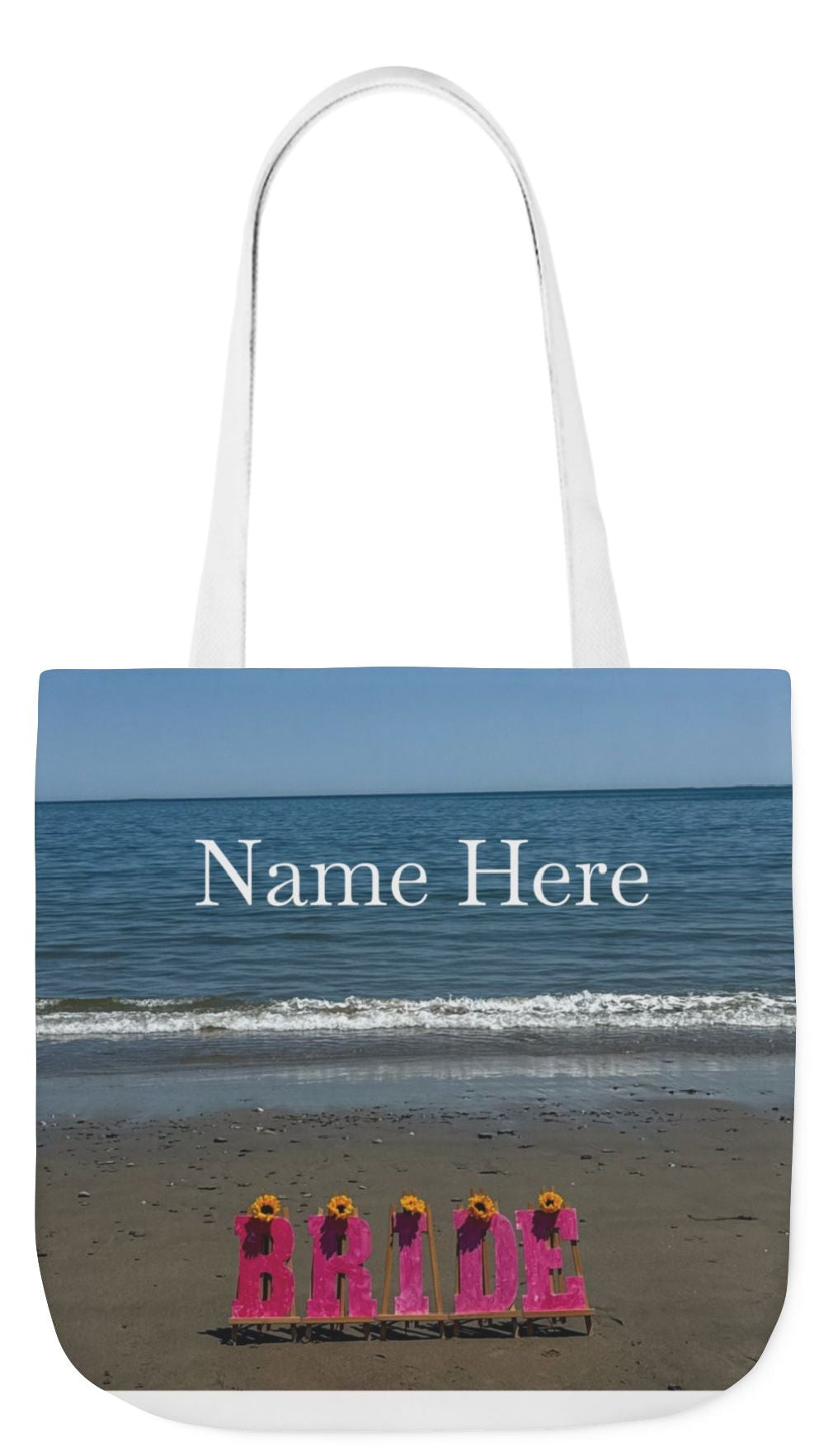 Bride Tote Bag 18" x 18" same print on each side. Pink or White Handles option. "Beachfront Bride Bag Personalized"