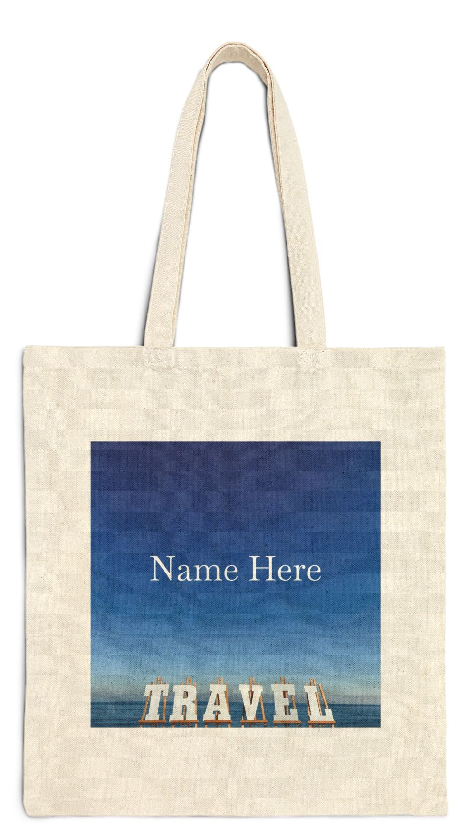 Travel Tote Bag Natural Color 15” x 16” Cotton Canvas Print on One Side. “Seaside Travel Bag” (Personalize it)