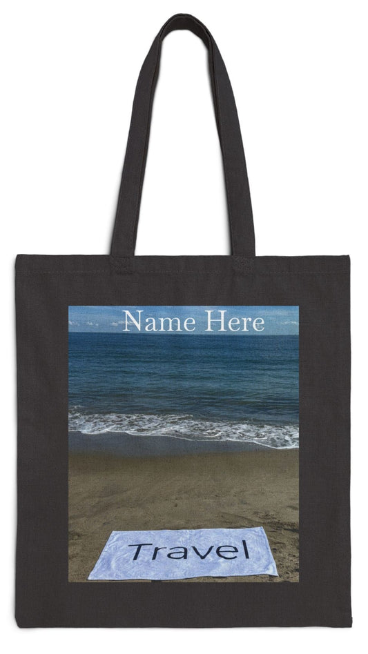 Travel Tote Bag Black 15” x 16” Cotton Canvas Print on One Side. “Beachfront Travel Bag” (Personalize it)