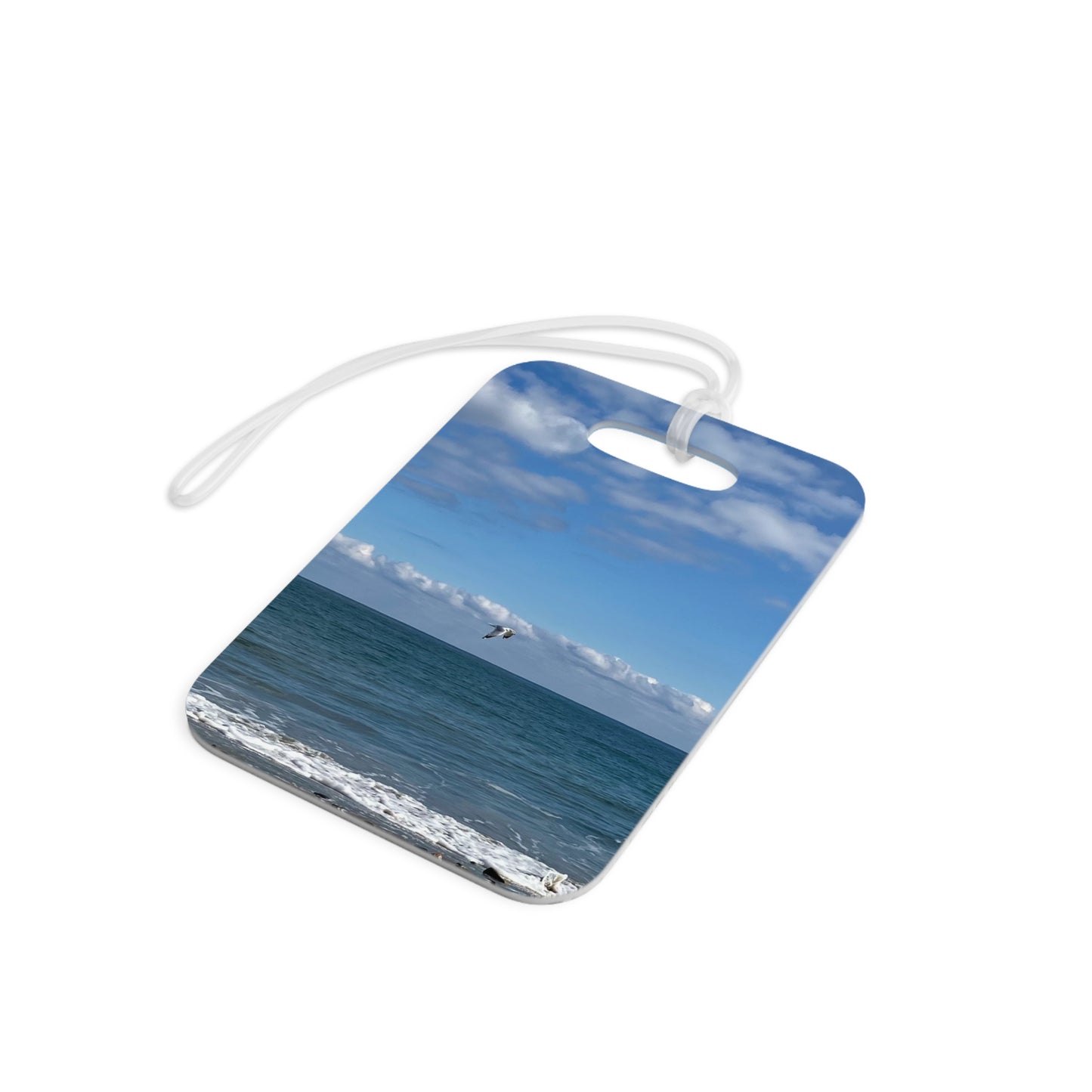 Plastic Luggage Tag Different Print on each side with a Glossy Finish and clear Acrylic tie. "Big Waves & Shore Bird Travel Tag"