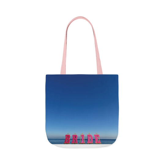 Bride Tote Bag 18” x 18” different print on each side. Pink or White Handles option. “Seaside & Beach Bride Bag”