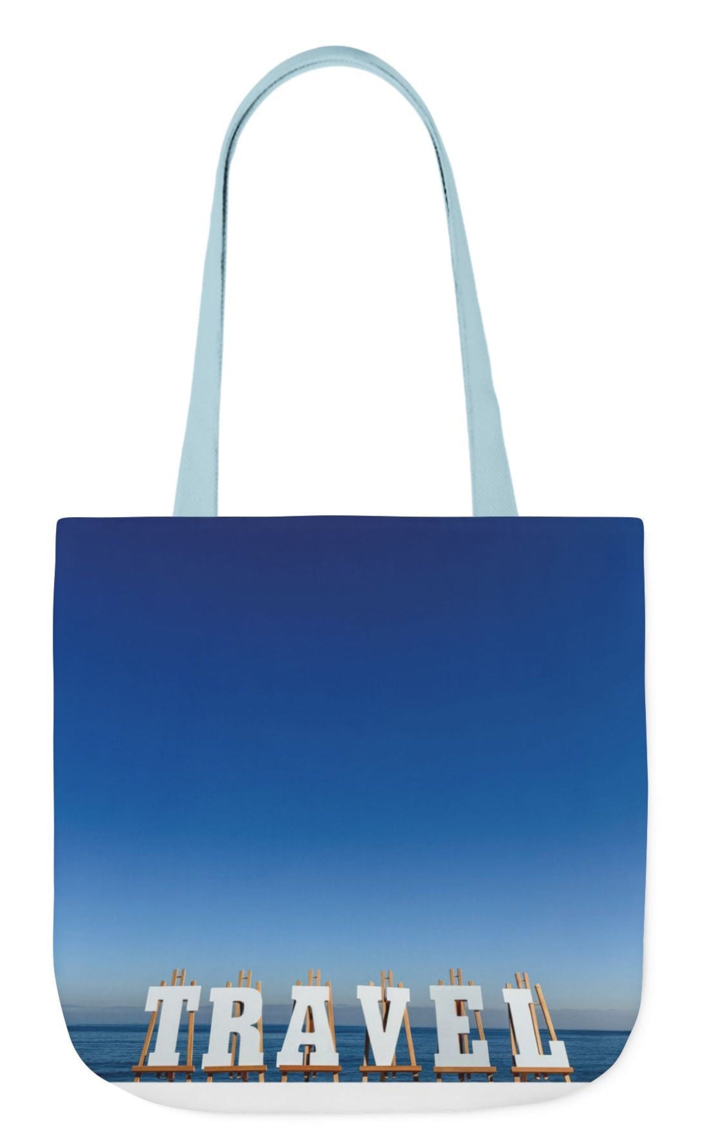 double sided travel tote bag with blue handles 18 x 18