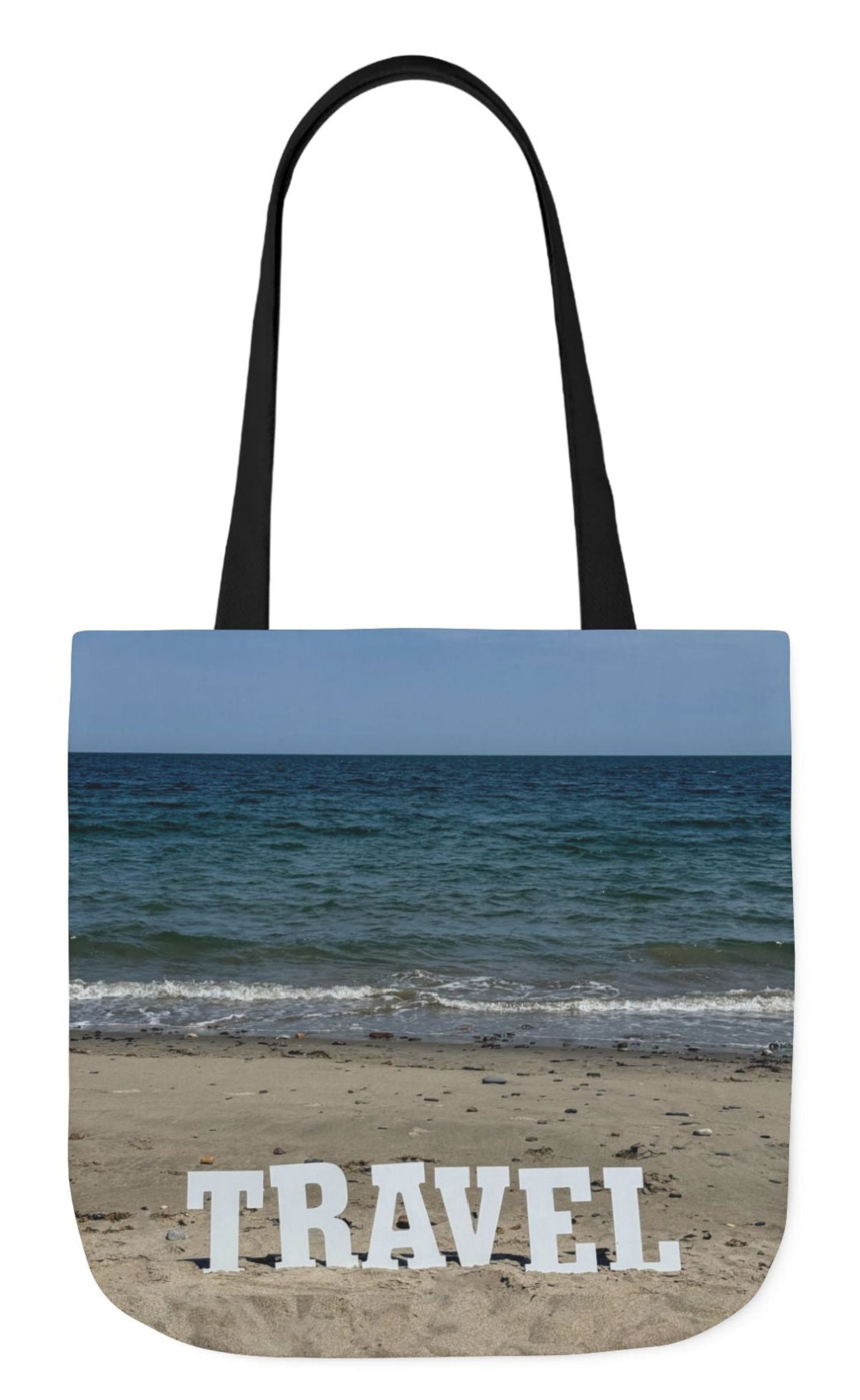 back of personalized travel tote bag with black handles same beach scene on each side