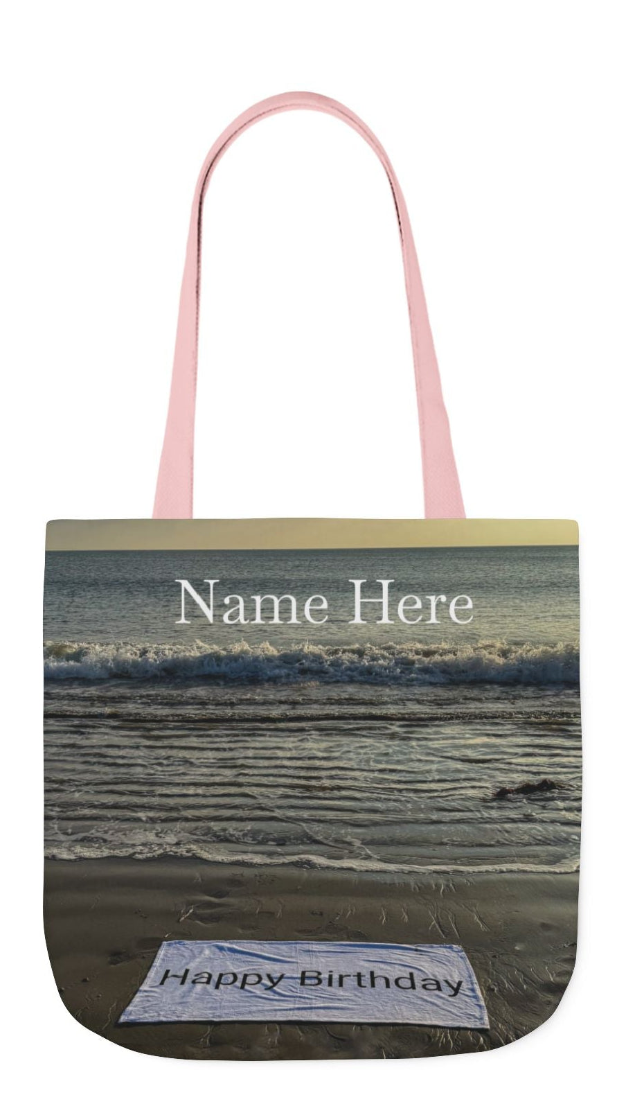 Birthday Tote Bag 13” x 13” different print on each side. 3 Handle Color Options. “Beachfront Birthday Bag Personalized”