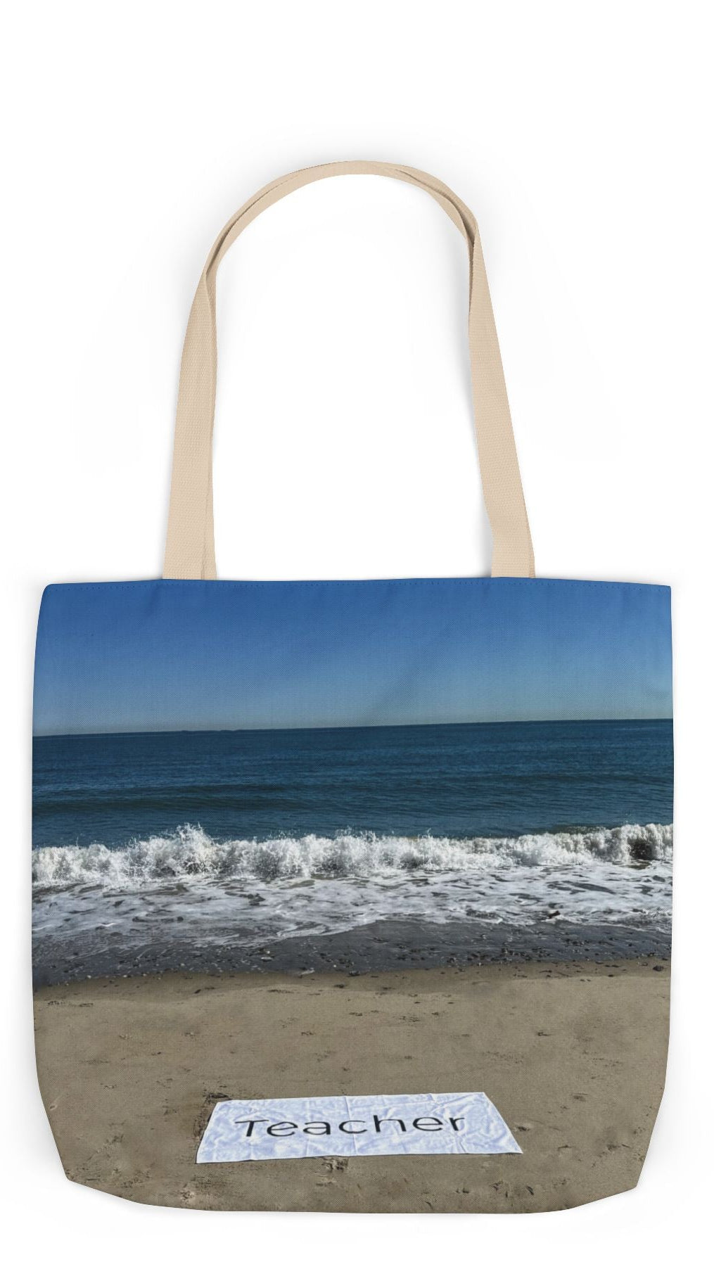 Teacher Tote Bag 18” x 18”  same print on each side. 5 Handle Color Options. “Beachfront Teacher Bag”