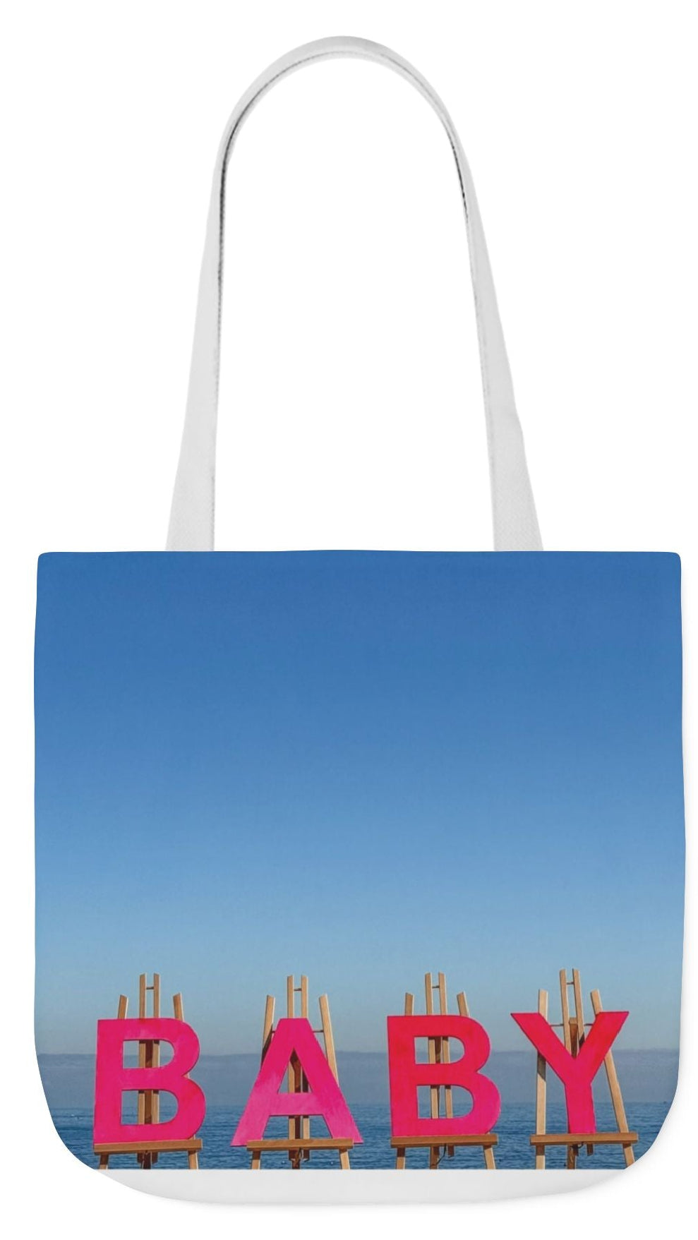 Baby Tote Bag (Pink Handles) 18”x 18” same print on each side with pink or white handles options. “Shoreline Baby Tote Bag Personalized"