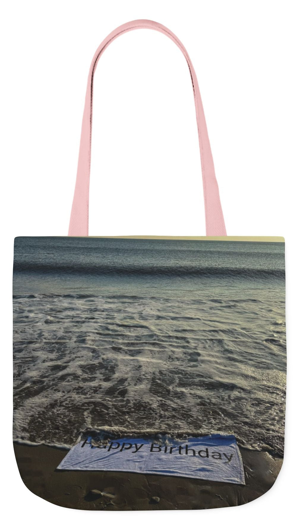 Birthday Tote Bag 18” x 18” different print on each side. 3 Handle Color Options. “Beach & Beachfront Birthday Bag Personalized”
