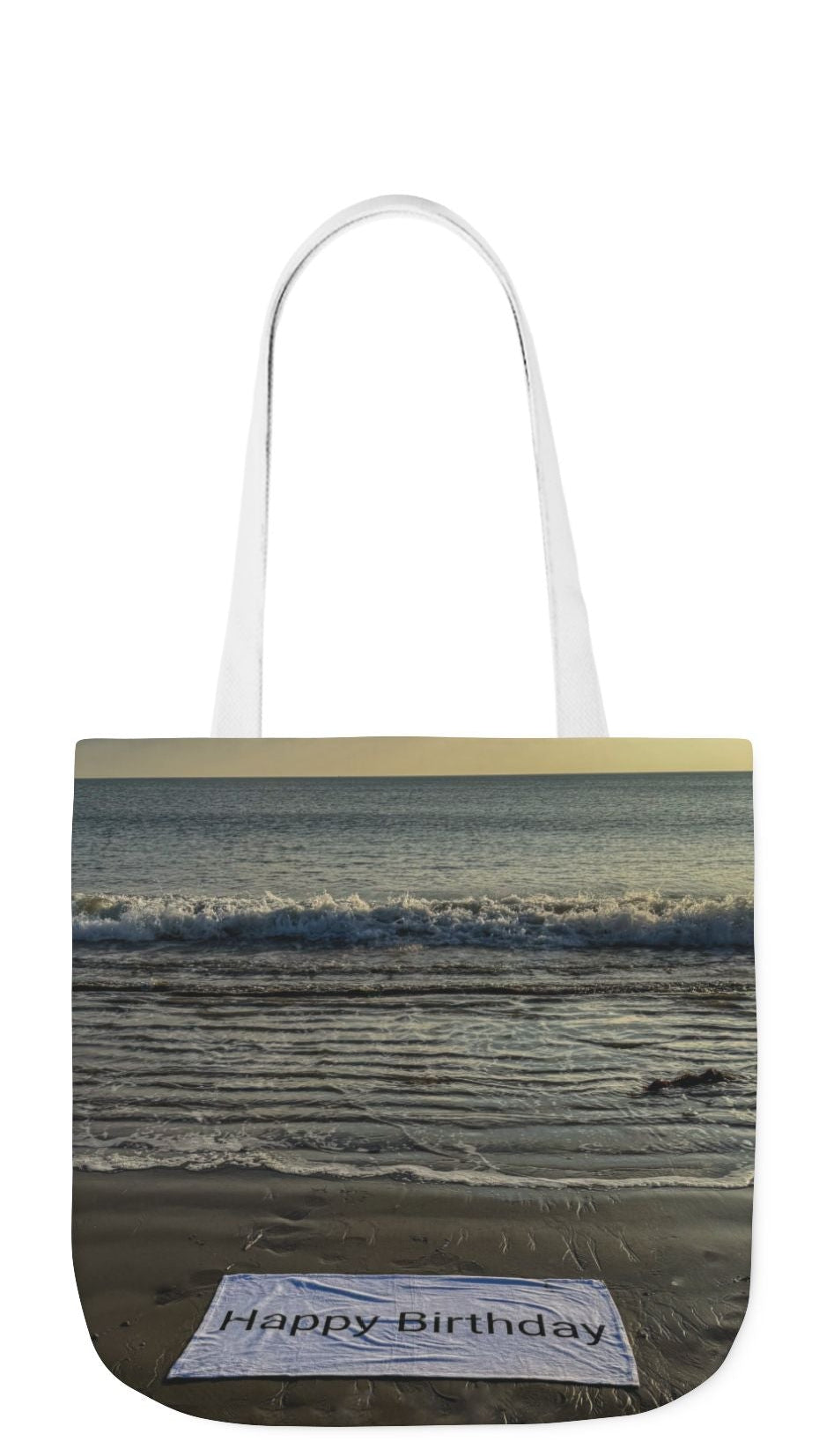 Birthday Tote Bag 13” x 13” different print on each side. 3 Handle Color Options. “Beachfront Birthday Bag”