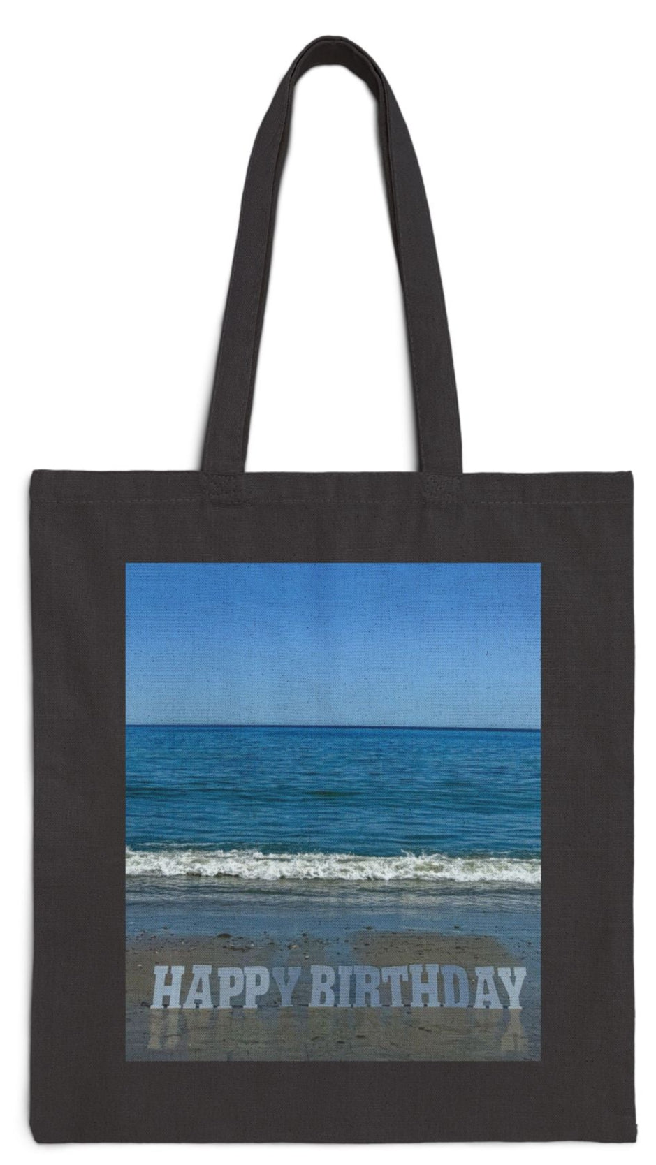 Birthday Tote Bag Black 15" x 16" Cotton Canvas Print on One Side. "Beach Birthday"