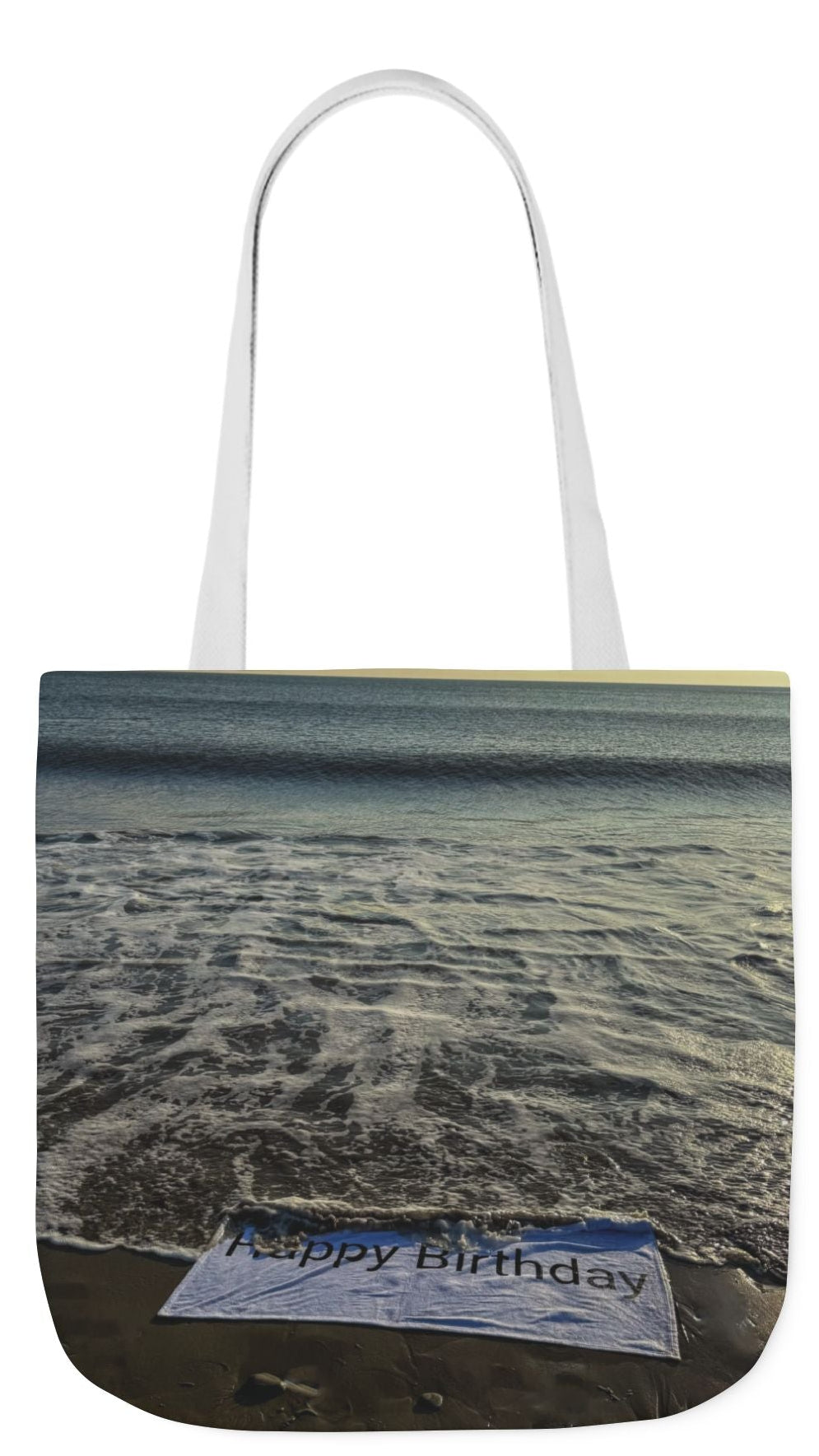 Birthday Tote Bag 18” x 18” different print on each side. 3 Handle Color Options. “Beach & Beachfront Birthday Bag Personalized”