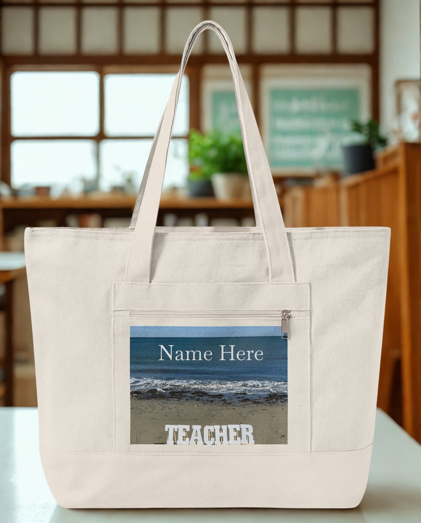 Personalized Beachside Teacher Tote Bag - Zippered Series
