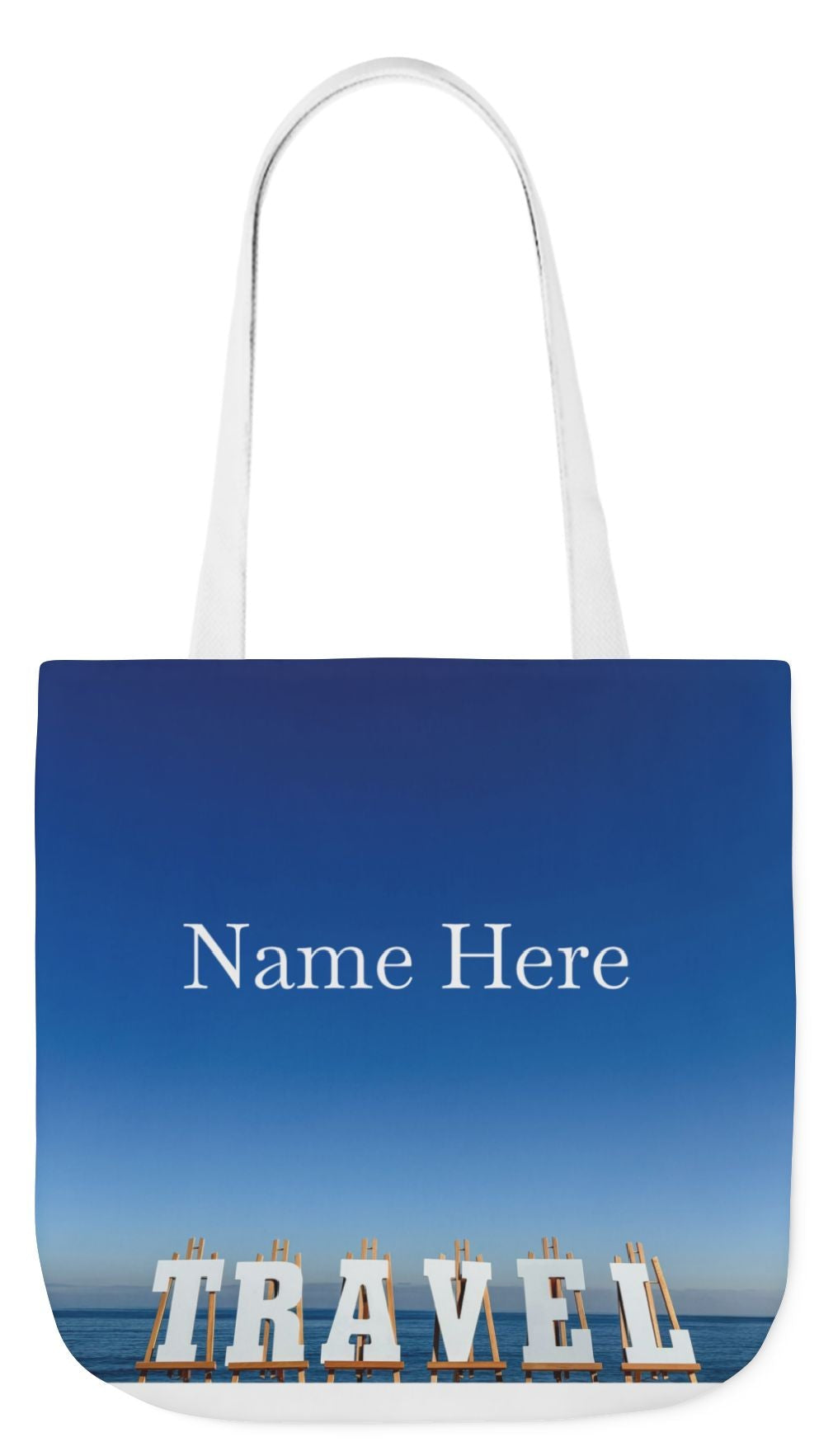 Travel Tote Bag 18” x 18” different print on each side. 5 handle color options. “Seaside & Beach Travel Bag Personalized”