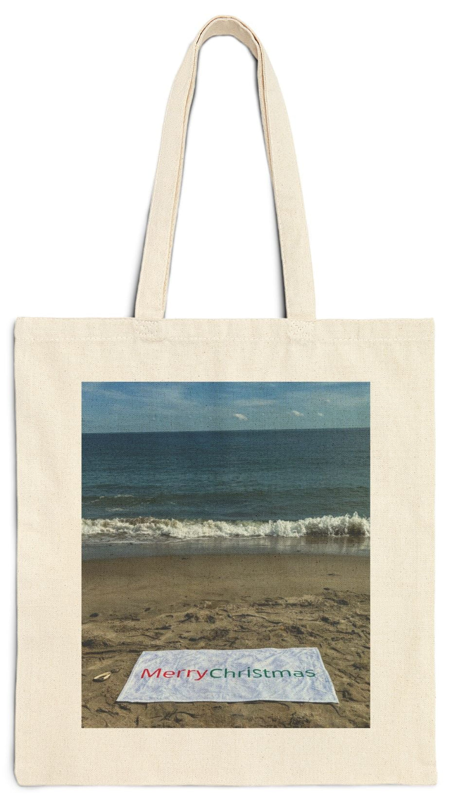 Christmas Natural Color Cotton Canvas Tote Bag 15" x 16" Print on One Side "Beach Christmas with Seagull"