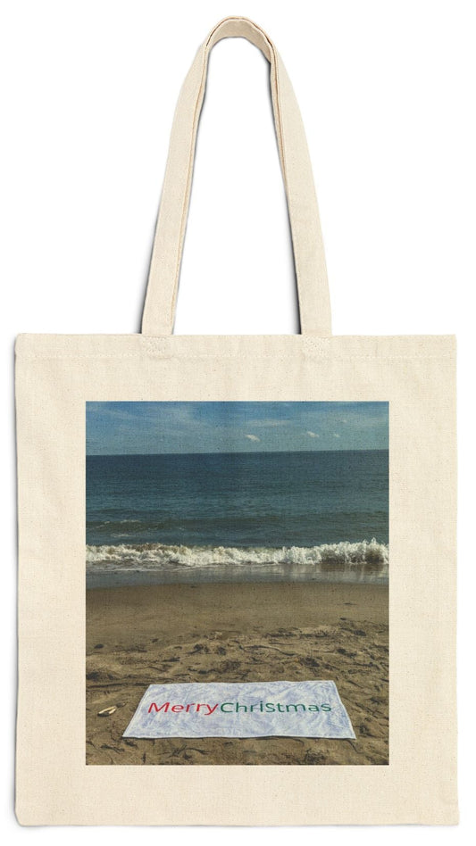 Christmas Natural Color Cotton Canvas Tote Bag 15" x 16" Print on One Side "Beach Christmas with Seagull"